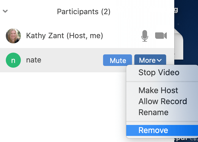 Settings for removing a participant in Zoom